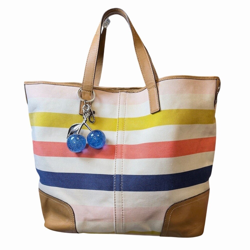 Coach Hadley Multistripe Tote Bag Womens Large Tan Rainbow Striped Canvas